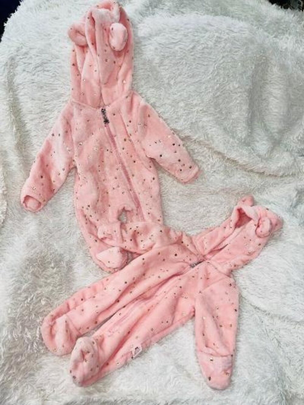 Twin Pink Fleece Sleepers Hooded 0-3 month Gold Stars Ears Footed